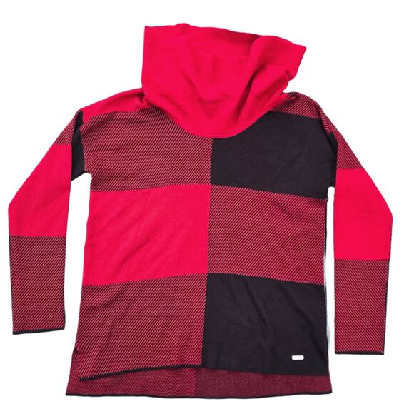 Colorblock Sweater Calvin Klein Size S Knit Pullover Cowl Neck Red Black Check - Picture 8 of 8